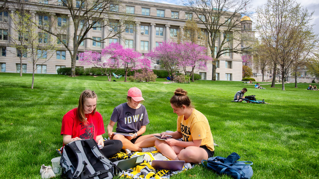 Three students sitting in the grass talking with one another