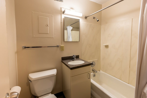 bathroom in a Parklawn 1-bedroom apartment, shown with a shower andbathtub, sink and mirror, toilet