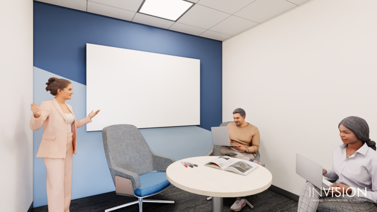 architectural rendering of a small group conference room, a brightly painted blue wall hosts a whiteboard, with a small round table and chairs 