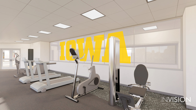 architectural rendering of the planned fitness center, treadmills face a glass wall with the block Iowa