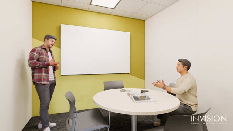 architectural rendering of a small group conference room, a brightly painted green wall hosts a whiteboard, with a small round table and chairs 
