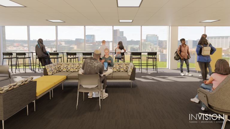 renderings of the upgraded lobby space, as it looks out the front windows toward Dubuque Street
