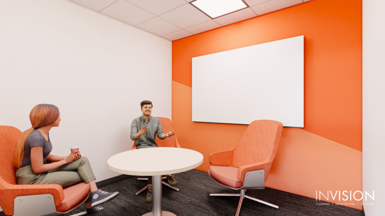 architectural rendering of a small group conference room, a brightly painted orange wall hosts a whiteboard, with a small round table and chairs 