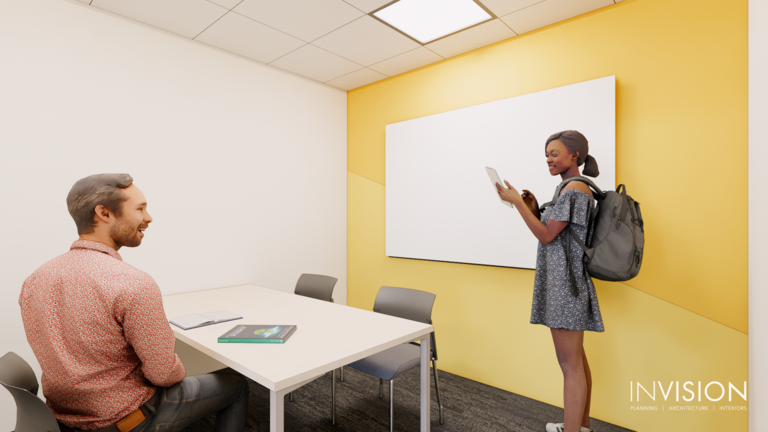 architectural rendering of a small group conference room, a brightly painted yellow wall hosts a whiteboard, with a small round table and chairs 