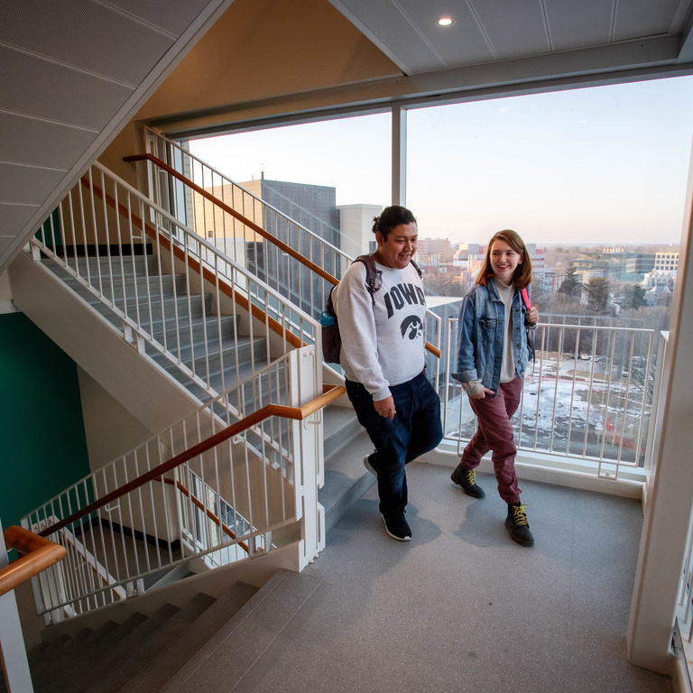 Two students talking and walking down the stairs