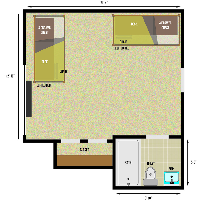 Floor plan of double with bath in Hillcrest 