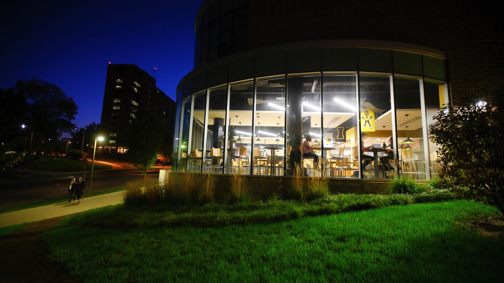 external shot of Petersen Hall at night time