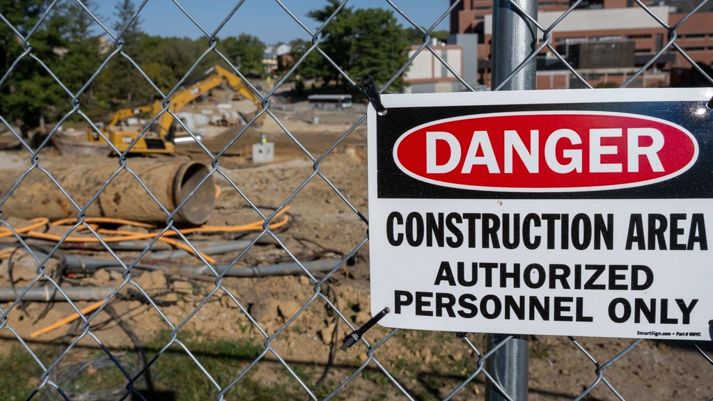 A "danger construction area" sign is posted outside a site on the University of Iowa campus